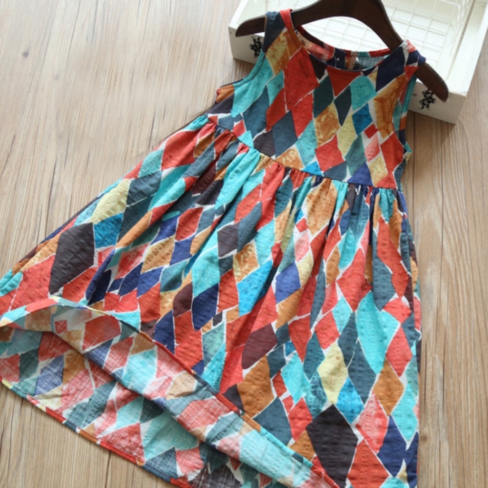 Girl's Diamond Pattern Sleeveless Red Art Dress